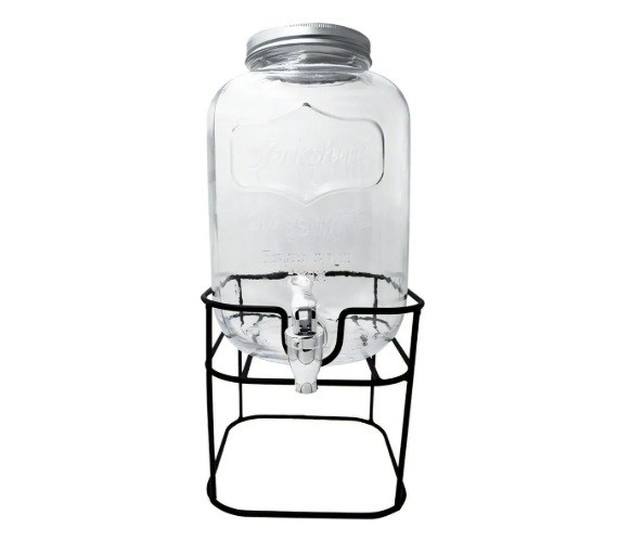 FRASCO DISPENSER VIDRIO CON TAPA Y SOPORTE METALICO 36x16x16 CM